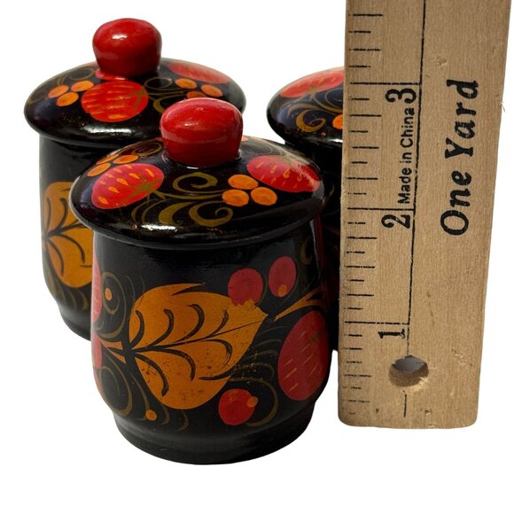 Russian Khokhloma Hand Painted Folk Art VTG 3Pc Lidded Spice Trinket Containers - Picture 13 of 13